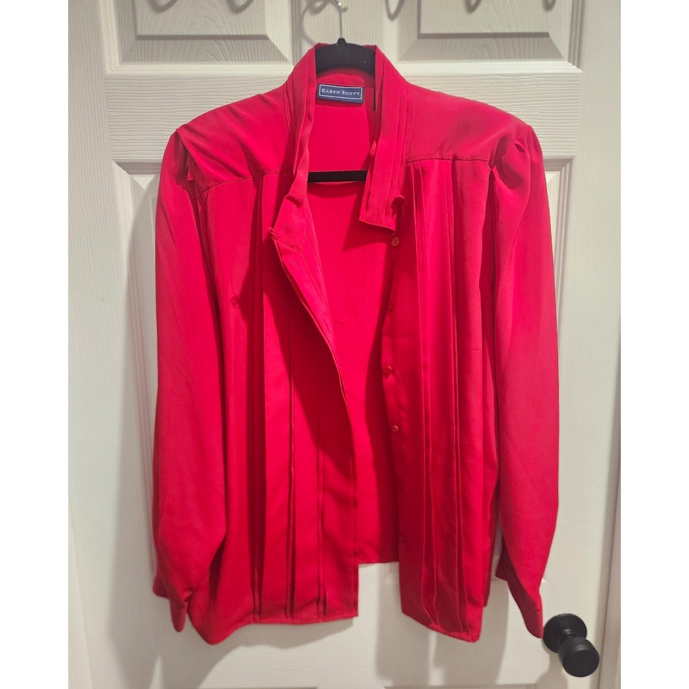 Karen Scott Women's Red Solid Collared Button-Down Pleated Woven Blouse 16